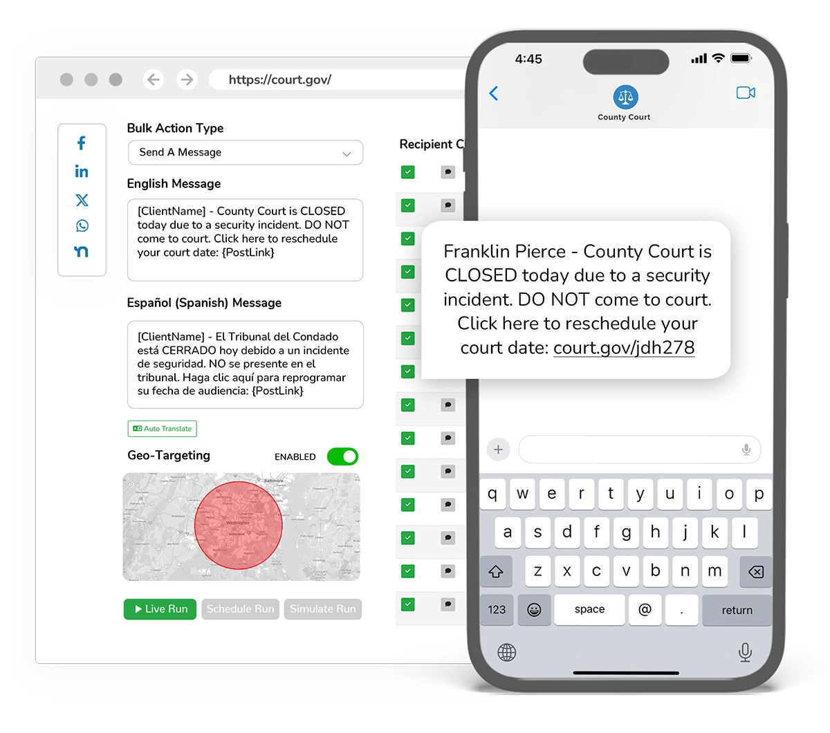 Emergency alert dashboard showing weather alerts, security notifications, and multilingual communication tools