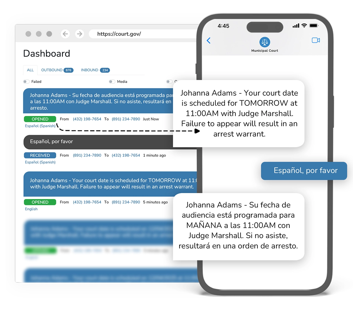 Interactive dashboard displaying automated court reminder system with multilingual notification options