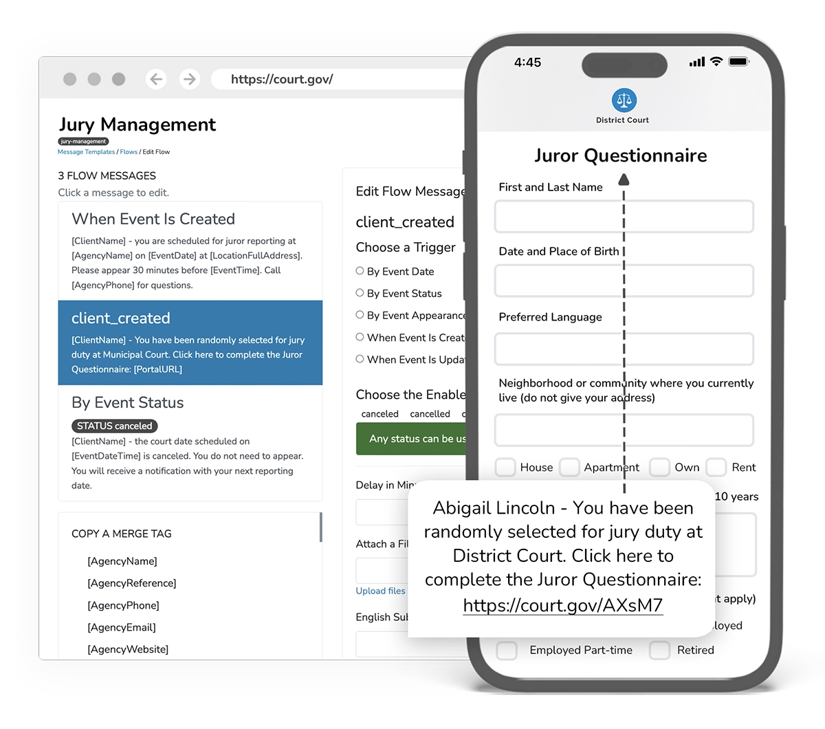 Comprehensive jury management system showing questionnaire interface and scheduling dashboard