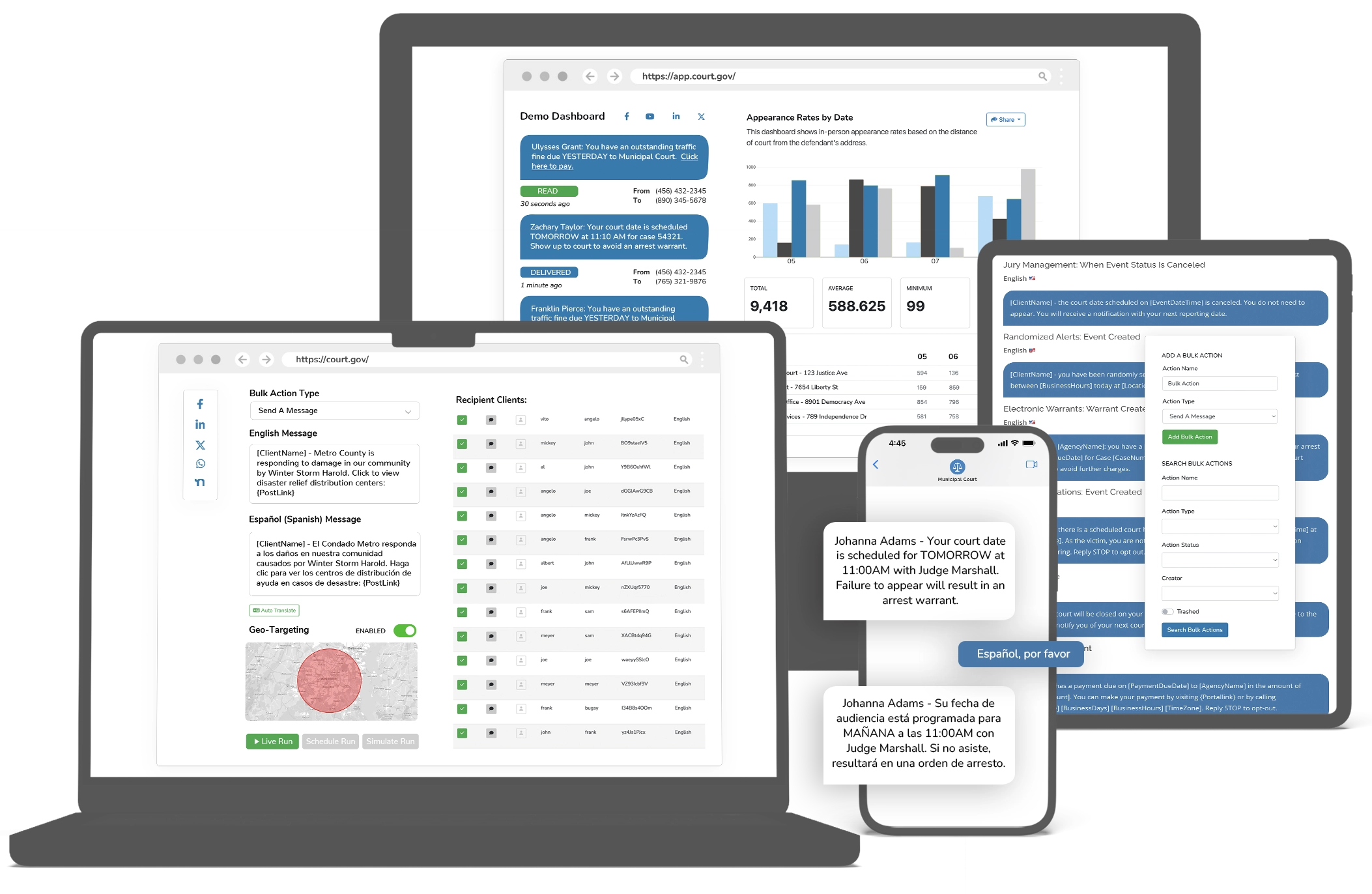 Interactive dashboard showing court reminders, payment processing, and analytics features