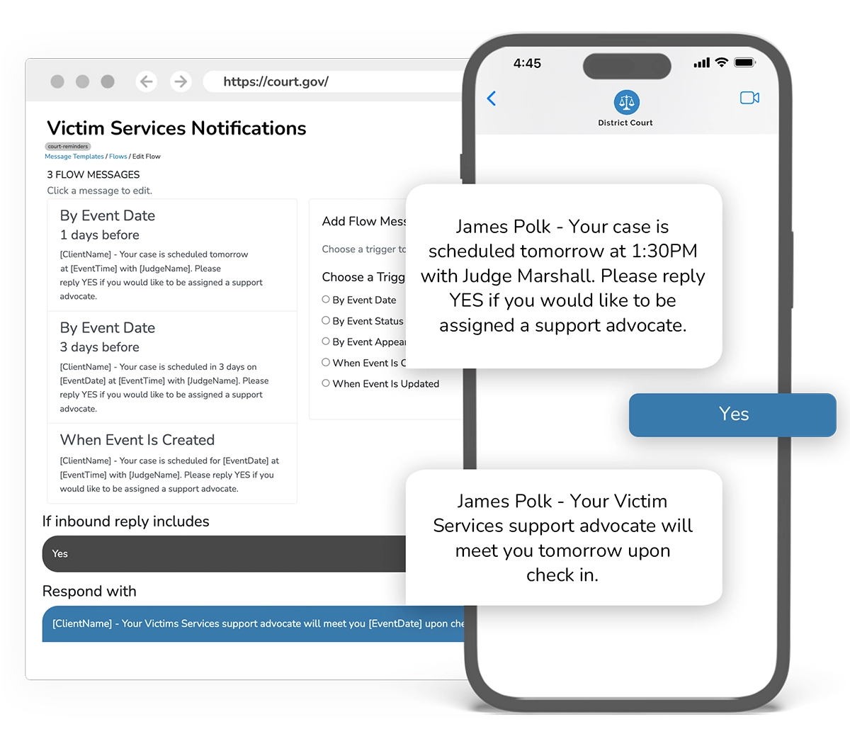 Secure victim notification system displaying case updates, document management, and communication features